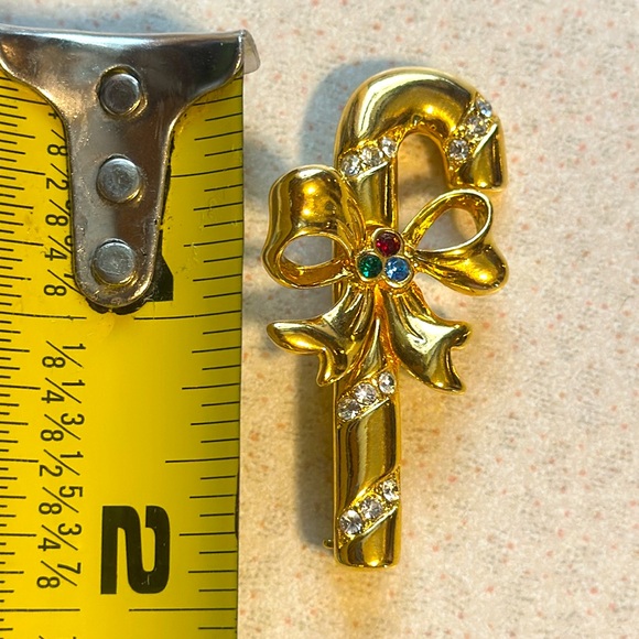 Vintage Merksamer holiday rhinestone candy cane broach gold tone (730) - Picture 3 of 5